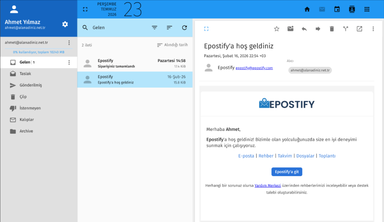 Epostify e-posta arayüzü